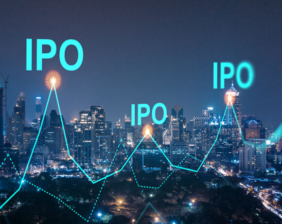 Night panoramic view of a large city that is connected with IPO nodes on each tall building.
