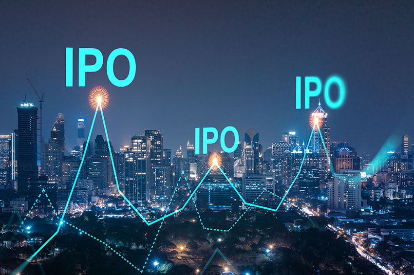 Night panoramic view of a large city that is connected with IPO nodes on each tall building.