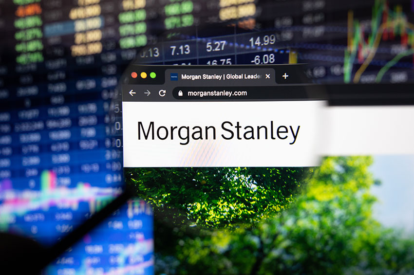 Morgan Stanley website with a blurry background featuring stock market and trees.