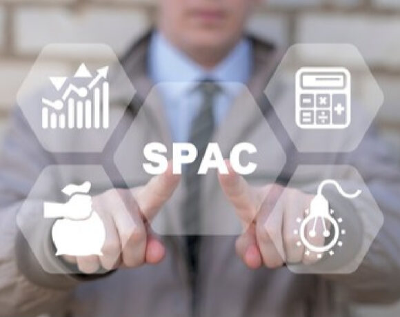 A financial professional trying to touch a virtual SPAC with both index fingers illustrates SuperApps merging with SPAC.