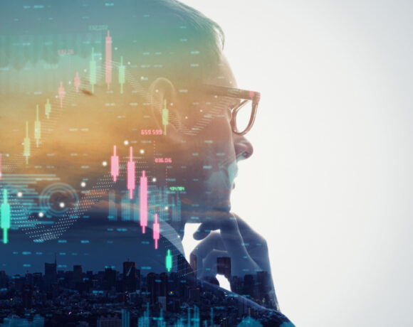 The double-exposure image illustrates the concept of investment in Fintech with a stock growth graph and a businessman in deep thought.