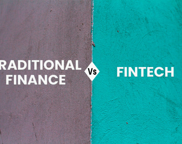Image of a two-colored wall with the text "Fintech Vs. Traditional finance" compares Fintech and traditional finance.